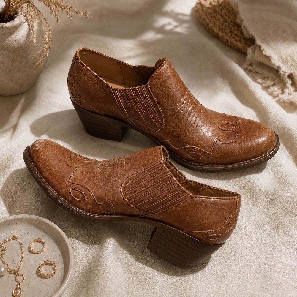 Born Womens Brown Leather Western Boho Rustic Ankle Booties Block Heel Size 7 38